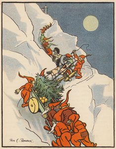 De roodkopkabouters leveren de kerstboom af (kleurenlitho)