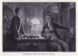 Duitse schrijvers Friedrich Schiller en Johann Wolfgang von Goethe in Weimar (gravure)