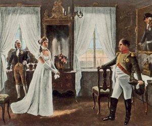 Ontmoeting van koningin Louise met Napoleon I in Tilsit, 6 juli 1807 (kleurenlitho) door Rudolf Eichstaedt