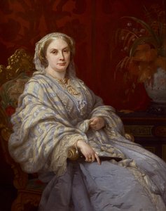 Portret van Louisa, vrouw van Algernon, 6e hertog van Northumberland, driekwart lengte, gekleed in een blauwe jurk en blauw-wit gestreepte sjaal