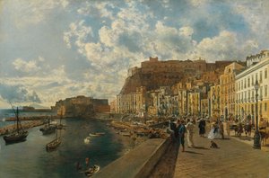 Aan het strand van Santa Lucia in Napels door Rudolf von Alt