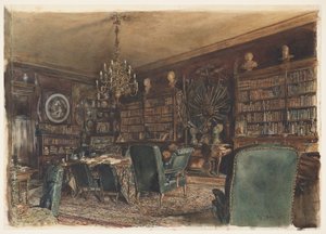 De Bibliotheek in het Appartement van Graaf Lanckoronski in Wenen, Riemergasse 8 door Rudolf von Alt