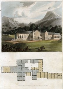 Uitzicht en plattegrond van Longwood House, Sint-Helena: de residentie van Napoleon Bonaparte door Rudolph Ackermann