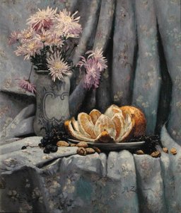 Chrysanten en een Open Sinaasappel door Rufus Fairchild Zogbaum