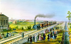 Opening van de eerste spoorlijn van Sint-Petersburg naar Pavlovsk, Rusland, 1830s door Russian Master