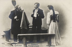 Russische acteur Vsevolod Meyerhold (midden) in de rol van Treplev in de productie van Anton Tsjechovs De Meeuw, 1898 door Russian Photographer
