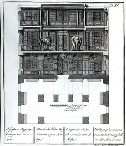 Een Doorsnede van de Hal der Zeldzaamheden naar het Zuiden, illustratie in Kamers van de St. Petersburgse Keizerlijke Academie van Wetenschappen Bibliotheek en Galerie met Plannen, Gevels en Profielen door Russian School