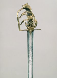 Officiersbrede zwaard gegraveerd met een dubbelkoppige adelaar met de figuur van St. George onder de keizerlijke kroon, gevest versierd met monogram van Catharina II (1729-96), Rusland, 18e eeuw