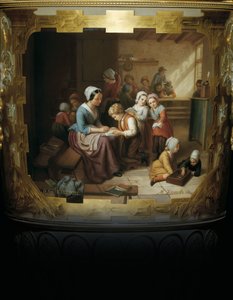Geschilderd detail van een Alexander II tweehandige porseleinen en bladgouden vaas, die een schoolklas tafereel afbeeldt na B, 1866
