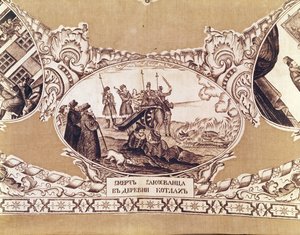 De executie van de Valse Dimitri, detail van een sjaal die de geschiedenis van de koninklijke bedrieger afbeeldt door Russian School