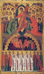 De afdaling in de hel, met geselecteerde heiligen, late 15e eeuw door Russian icon.