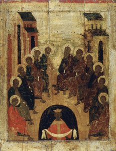 De nederdaling van de Heilige Geest op de apostelen, ca. 1410 door Russian icon.