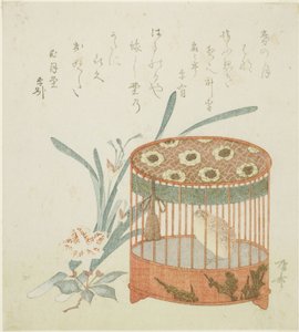 Vogelkooi en bloemen door Ryuryukyo Shinsai