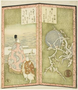 Pruimenbloesems en dichter, uit een ongetitelde hexaptych die een paar vouwschermen afbeeldt door Ryuryukyo Shinsai
