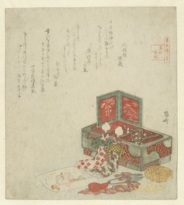 Twee poppen rustend tegen een doos door Ryuryukyo Shinsai