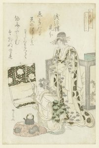 Vrouw die een rol ophangt door Ryuryukyo Shinsai