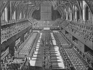 Het interieur van Westminster Hall tijdens het kroningsbanket van koning George II, 1727, 1911