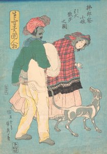 Een jonge Franse dame en een Siamese dienaar die een hond uitlaten door Sadahide Utagawa