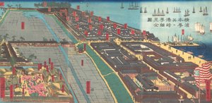 Gedetailleerde Prent van Yokohama Hon-cho en het Miyozaki Plezierkwartier, 4e maand, 1860 door Sadahide Utagawa
