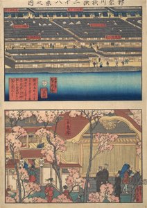 Twee uitzichten: Waterfront bij Kaigan-cho, 3-chome en 4-chome, en de ingang door Sadahide Utagawa