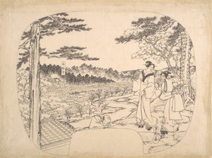 Twee vrouwen bewonderen de bezienswaardigheden vanaf een uitkijkpunt...de Zenpukuji-tempel, 19e eeuw door Sadahide Utagawa