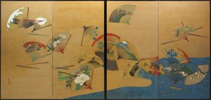 Fans en stroom, Edo-periode, ca. 1820-28 (inkt, kleur, goud  zilver op zijde) door Sakai Hoitsu