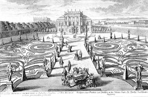 Uitzicht op een tuin en huis in Josefstadt, Wenen, gegraveerd door Johann August Corvinus (1683-1738)