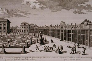 Zicht op een van de Orangerieën in de tuin van de Prins van Schwarzenberg, Wenen, gegraveerd door Georg-Daniel Heumann, gepubliceerd ca. 1724-37