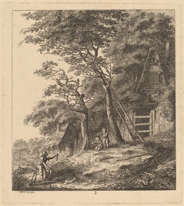 Een visser en twee kinderen in een landschap met rieten huisjes door Salomon Gessner