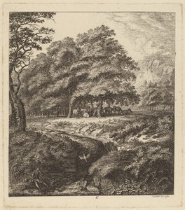 Runderen rustend in een bosje met een man zittend naast een beek, 1764