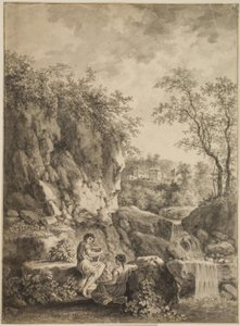 Rotsachtig landschap met een beek. Op de voorgrond een jonge man met een rietfluit en een jonge vrouw