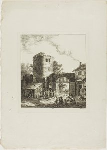 Processie door een rustieke poort