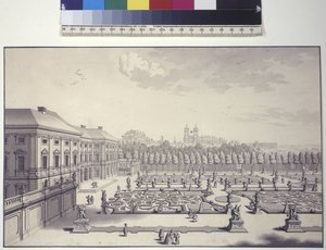 Volledige pagina: Paleis Liechtenstein, zicht op de tuinen naar het zuiden door Salomon Kleiner