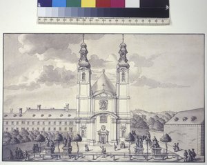 Volledige pagina: vooraanzicht van de Servietenkerk in de buitenwijk Rossau (pentekening) door Salomon Kleiner