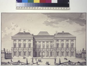 Volledige pagina: vooraanzicht van de tuingevel van paleis Liechtenstein in Rossau (pentekening) door Salomon Kleiner