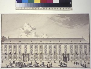 Volledige pagina: vooraanzicht van het paleis bij Nos (pentekening) door Salomon Kleiner