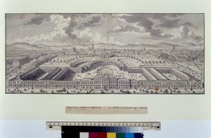 Volledige pagina: vogelvlucht van de keizerlijke stallen naar de voorsteden (pen, penseel en inkt) door Salomon Kleiner