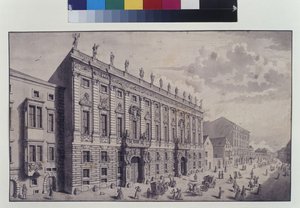 Volledige pagina: schuin zicht op het stadspaleis van prins Eugene van Savoye in de Himmelpfortgasse (pen, penseel en inkt) door Salomon Kleiner
