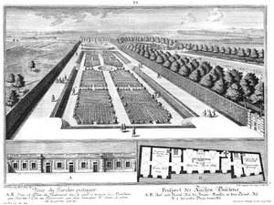 Prospect van de keukentuin, grond- en opstand van het bronhuis