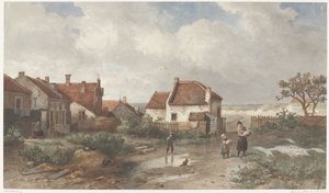 Huizen aan de rand van een dorp in de duinen door Salomon Leonardus Verveer