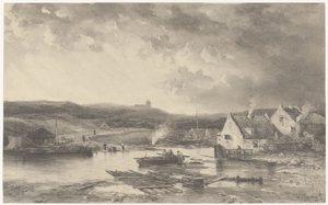 Rivierlandschap met enige huizen en een watermolen door Salomon Leonardus Verveer