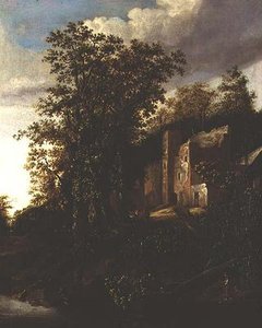 Een bosrijk rivierlandschap met boeren bij een vervallen landhuis door Salomon Rombouts