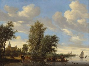 Rivierlandschap met veerboot door Salomon Ruysdael
