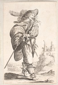 Lopende man, driekwart profiel naar rechts, grijpt naar het zwaard bij zijn heup. Op de achtergrond een kasteel door Salomon Savery