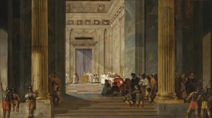 De koningin van Sheba voor de tempel van koning Salomo in Jeruzalem, ca. 1630-1634 door Salomon de Bray