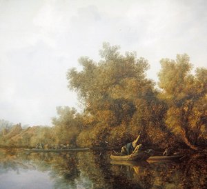 Rivierlandschap met vissers in roeiboten die een vangst binnenhalen