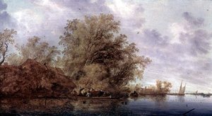 Bosrijk rivierlandschap door Salomon van Ruisdael or Ruysdael