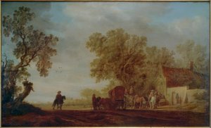 Landweg met herberg en reizigers