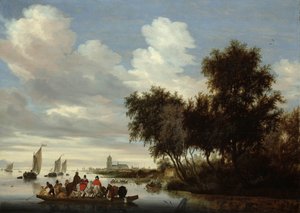 Rivierlandschap met een veerboot door Salomon van Ruysdael