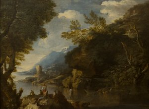 Landschap met figuren en boten